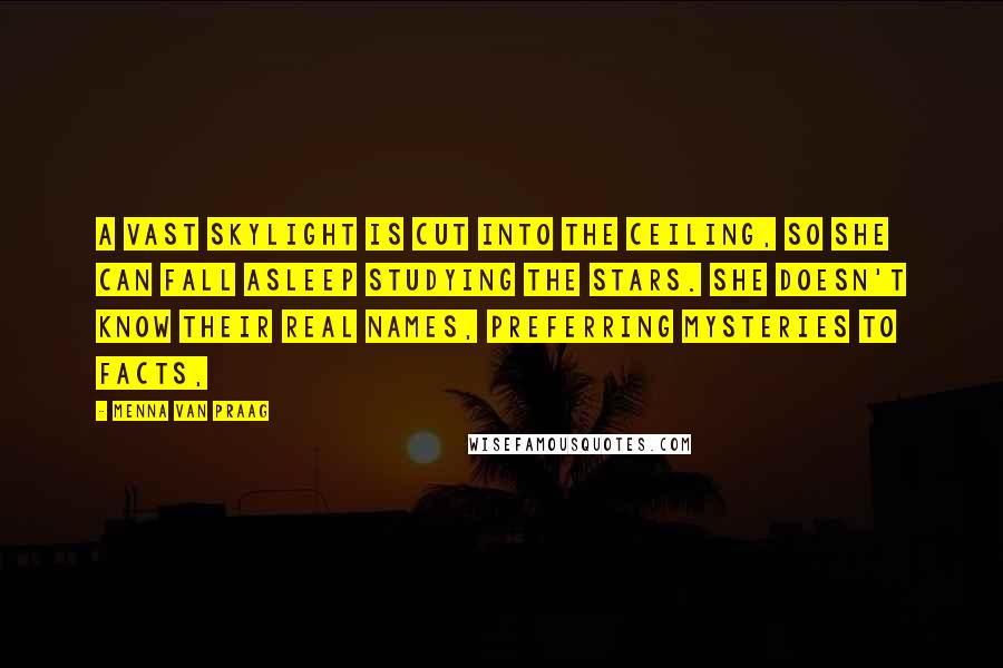 Menna Van Praag Quotes: A vast skylight is cut into the ceiling, so she can fall asleep studying the stars. She doesn't know their real names, preferring mysteries to facts,