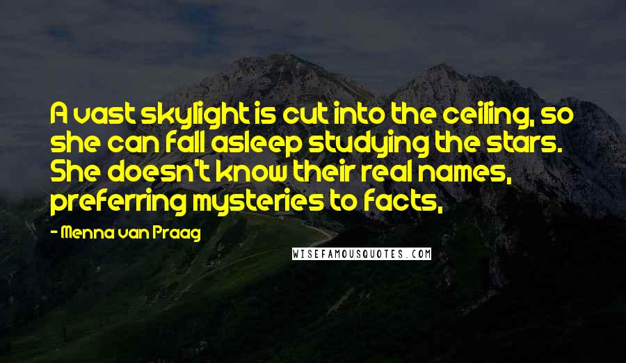 Menna Van Praag Quotes: A vast skylight is cut into the ceiling, so she can fall asleep studying the stars. She doesn't know their real names, preferring mysteries to facts,