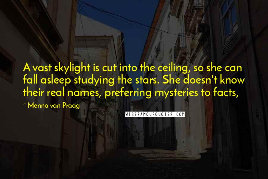 Menna Van Praag Quotes: A vast skylight is cut into the ceiling, so she can fall asleep studying the stars. She doesn't know their real names, preferring mysteries to facts,