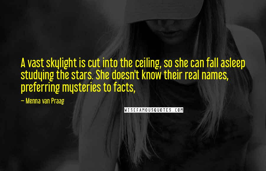 Menna Van Praag Quotes: A vast skylight is cut into the ceiling, so she can fall asleep studying the stars. She doesn't know their real names, preferring mysteries to facts,
