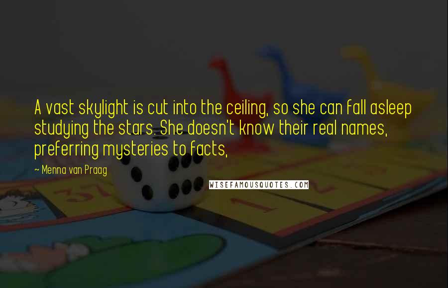 Menna Van Praag Quotes: A vast skylight is cut into the ceiling, so she can fall asleep studying the stars. She doesn't know their real names, preferring mysteries to facts,