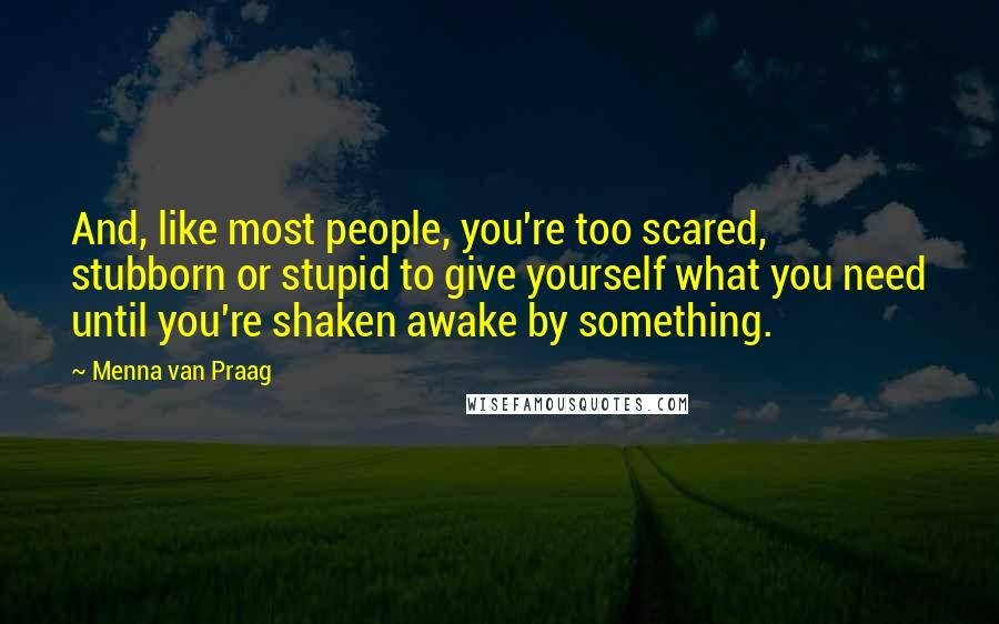 Menna Van Praag Quotes: And, like most people, you're too scared, stubborn or stupid to give yourself what you need until you're shaken awake by something.
