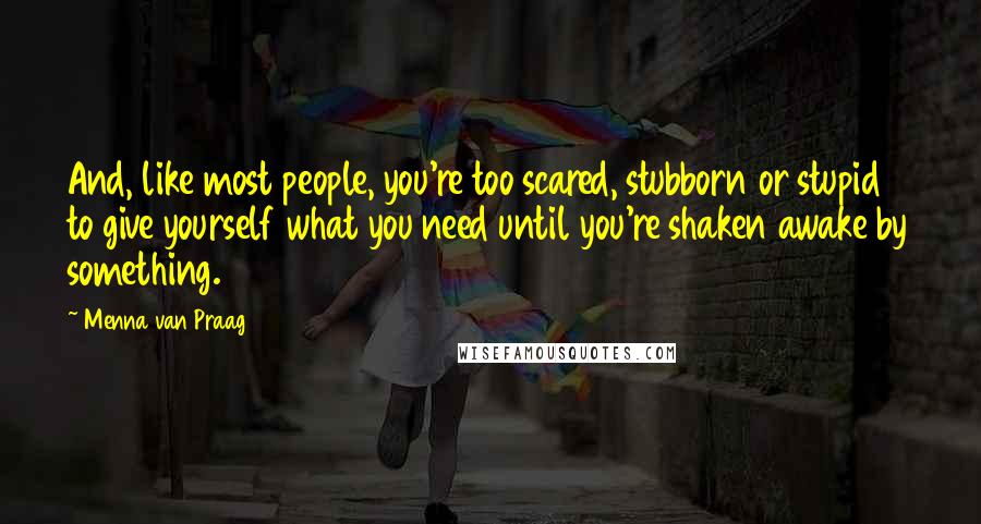 Menna Van Praag Quotes: And, like most people, you're too scared, stubborn or stupid to give yourself what you need until you're shaken awake by something.
