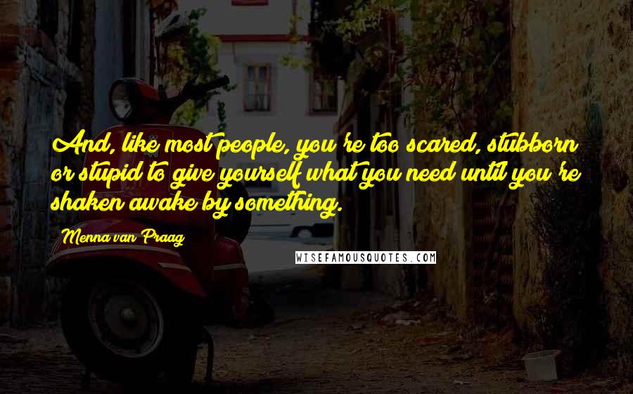 Menna Van Praag Quotes: And, like most people, you're too scared, stubborn or stupid to give yourself what you need until you're shaken awake by something.