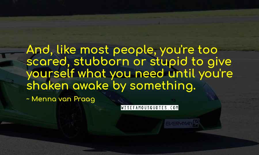 Menna Van Praag Quotes: And, like most people, you're too scared, stubborn or stupid to give yourself what you need until you're shaken awake by something.