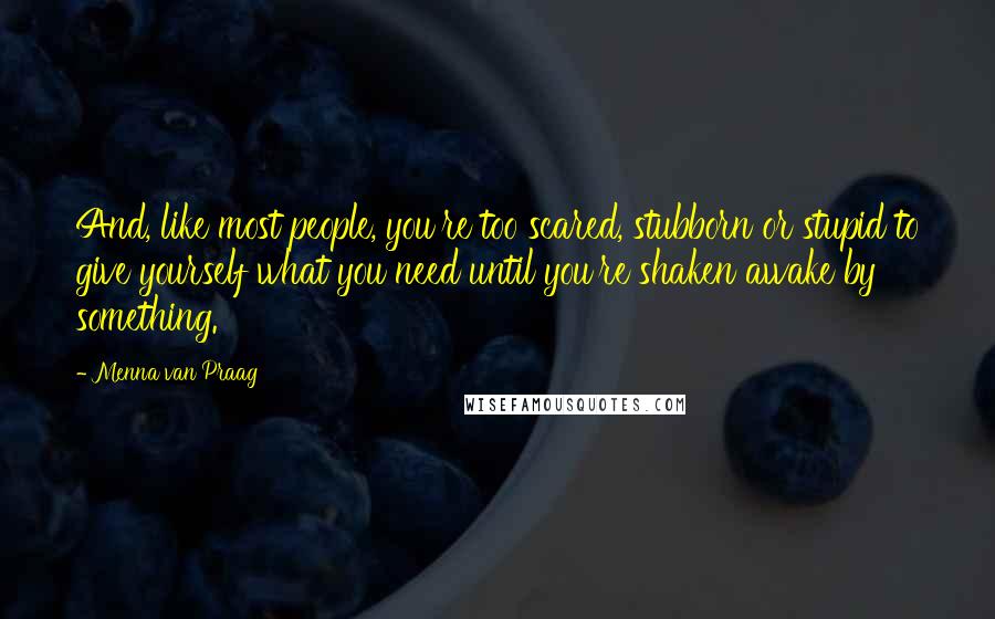 Menna Van Praag Quotes: And, like most people, you're too scared, stubborn or stupid to give yourself what you need until you're shaken awake by something.