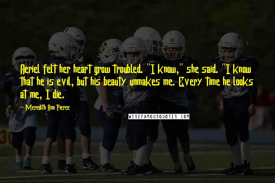 Meredith Ann Pierce Quotes: Aeriel felt her heart grow troubled. "I know," she said. "I know that he is evil, but his beauty unmakes me. Every time he looks at me, I die.