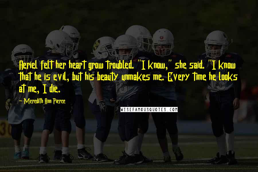 Meredith Ann Pierce Quotes: Aeriel felt her heart grow troubled. "I know," she said. "I know that he is evil, but his beauty unmakes me. Every time he looks at me, I die.