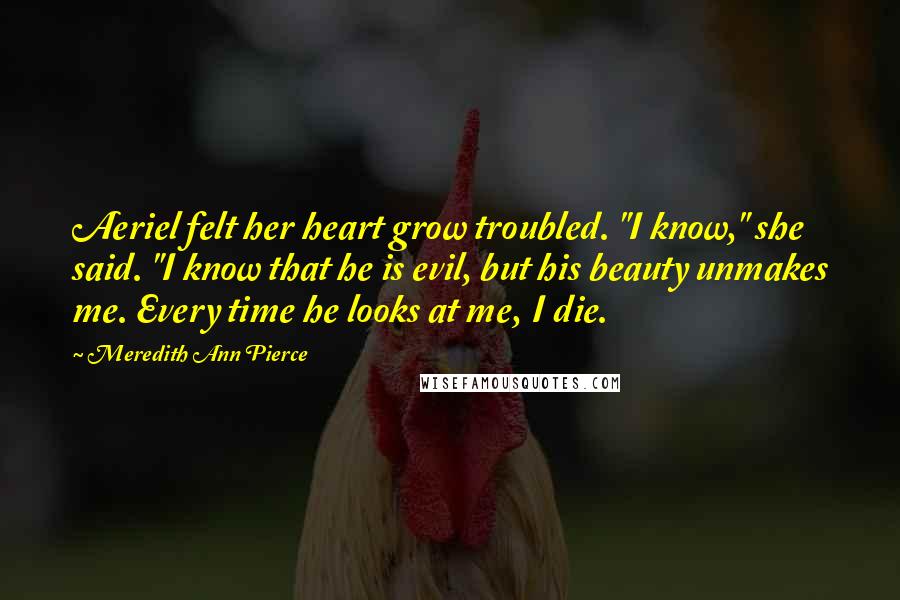 Meredith Ann Pierce Quotes: Aeriel felt her heart grow troubled. "I know," she said. "I know that he is evil, but his beauty unmakes me. Every time he looks at me, I die.