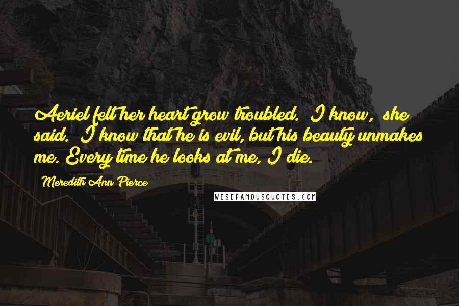 Meredith Ann Pierce Quotes: Aeriel felt her heart grow troubled. "I know," she said. "I know that he is evil, but his beauty unmakes me. Every time he looks at me, I die.