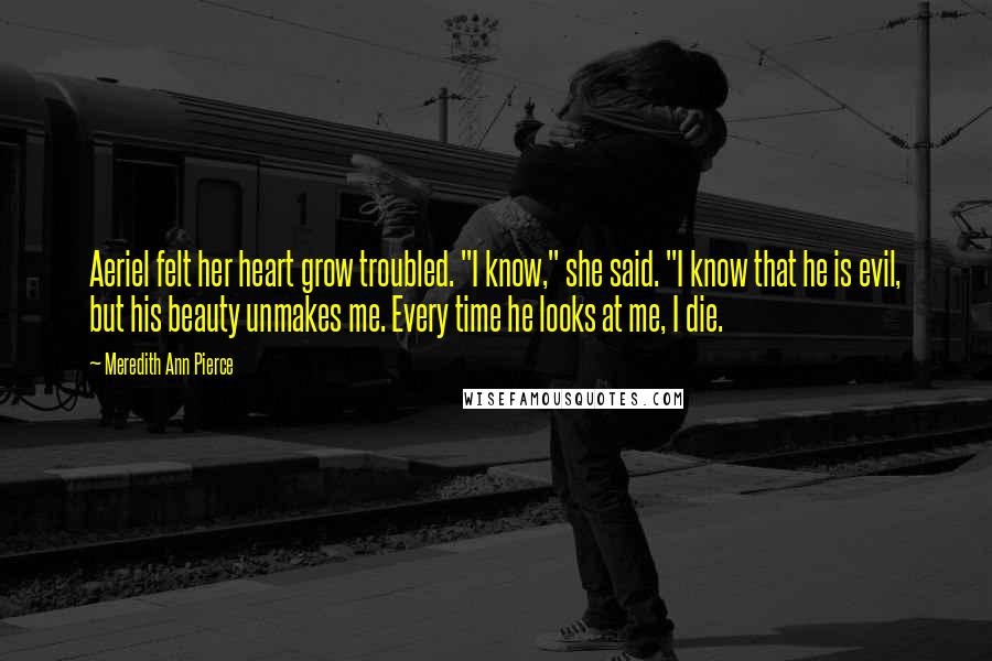 Meredith Ann Pierce Quotes: Aeriel felt her heart grow troubled. "I know," she said. "I know that he is evil, but his beauty unmakes me. Every time he looks at me, I die.