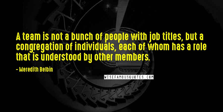 Meredith Belbin Quotes: A team is not a bunch of people with job titles, but a congregation of individuals, each of whom has a role that is understood by other members.