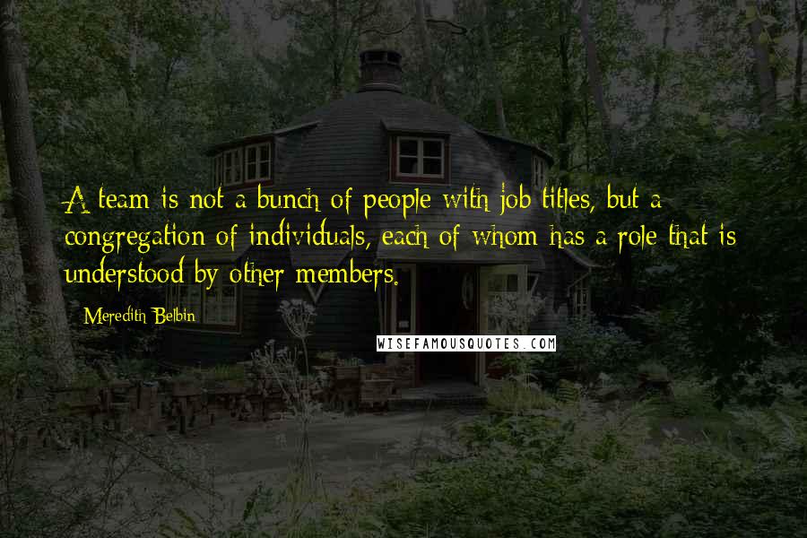 Meredith Belbin Quotes: A team is not a bunch of people with job titles, but a congregation of individuals, each of whom has a role that is understood by other members.