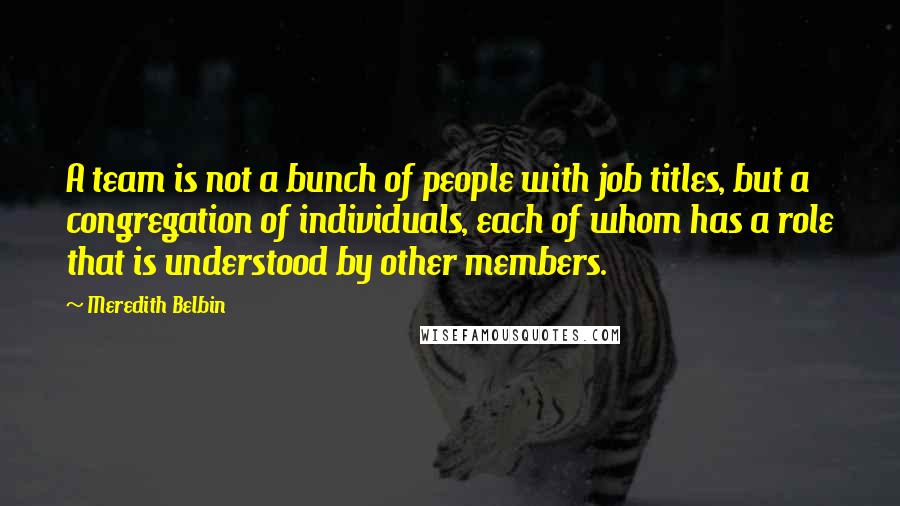 Meredith Belbin Quotes: A team is not a bunch of people with job titles, but a congregation of individuals, each of whom has a role that is understood by other members.