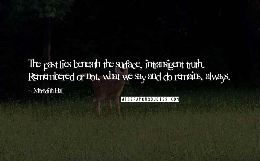 Meredith Hall Quotes: The past lies beneath the surface, intransigent truth. Remembered or not, what we say and do remains, always.