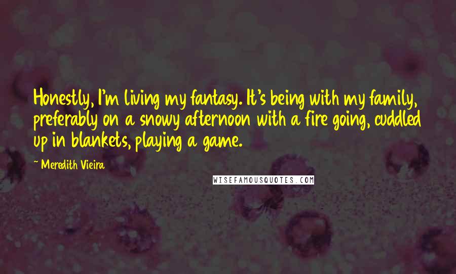 Meredith Vieira Quotes: Honestly, I'm living my fantasy. It's being with my family, preferably on a snowy afternoon with a fire going, cuddled up in blankets, playing a game.