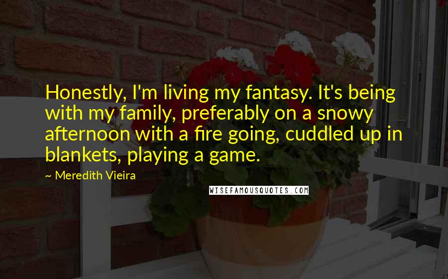 Meredith Vieira Quotes: Honestly, I'm living my fantasy. It's being with my family, preferably on a snowy afternoon with a fire going, cuddled up in blankets, playing a game.