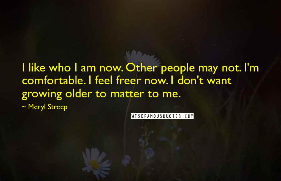 Meryl Streep Quotes: I like who I am now. Other people may not. I'm comfortable. I feel freer now. I don't want growing older to matter to me.