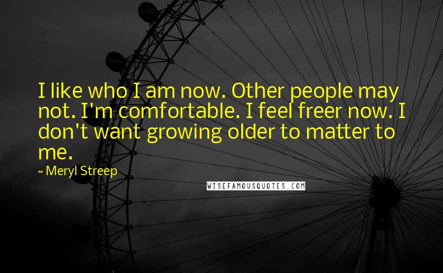 Meryl Streep Quotes: I like who I am now. Other people may not. I'm comfortable. I feel freer now. I don't want growing older to matter to me.