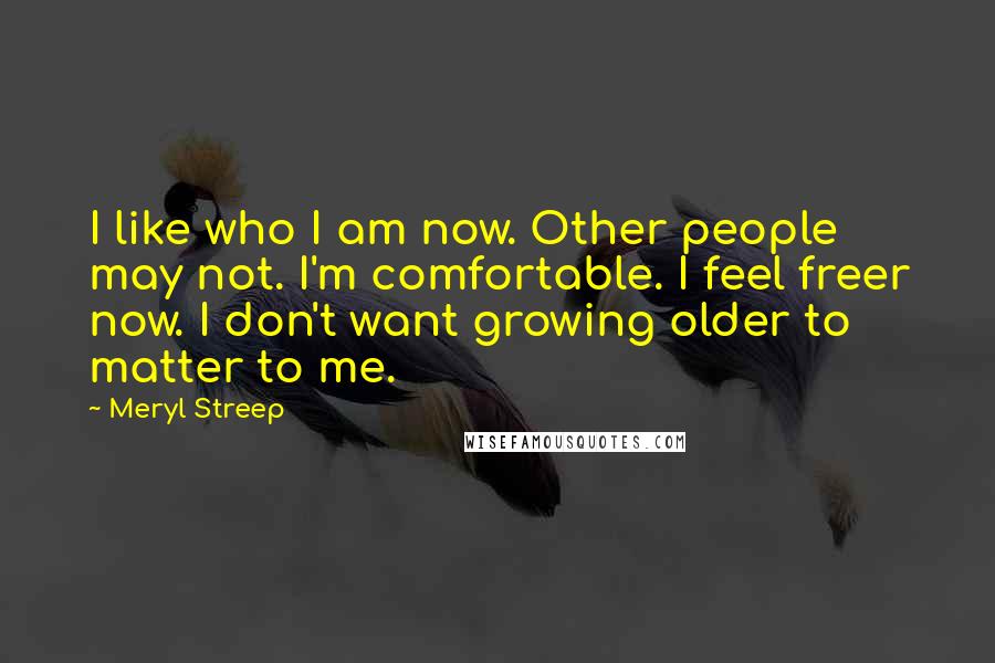 Meryl Streep Quotes: I like who I am now. Other people may not. I'm comfortable. I feel freer now. I don't want growing older to matter to me.
