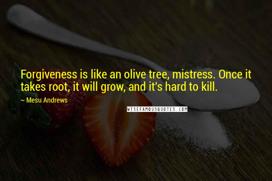 Mesu Andrews Quotes: Forgiveness is like an olive tree, mistress. Once it takes root, it will grow, and it's hard to kill.