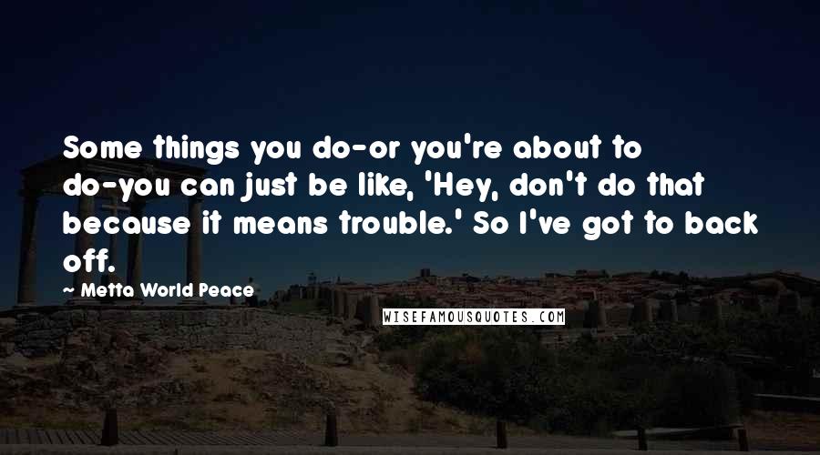 Metta World Peace Quotes: Some things you do-or you're about to do-you can just be like, 'Hey, don't do that because it means trouble.' So I've got to back off.