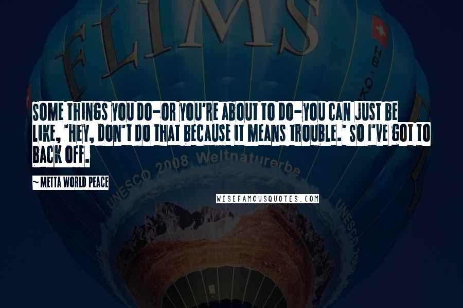 Metta World Peace Quotes: Some things you do-or you're about to do-you can just be like, 'Hey, don't do that because it means trouble.' So I've got to back off.