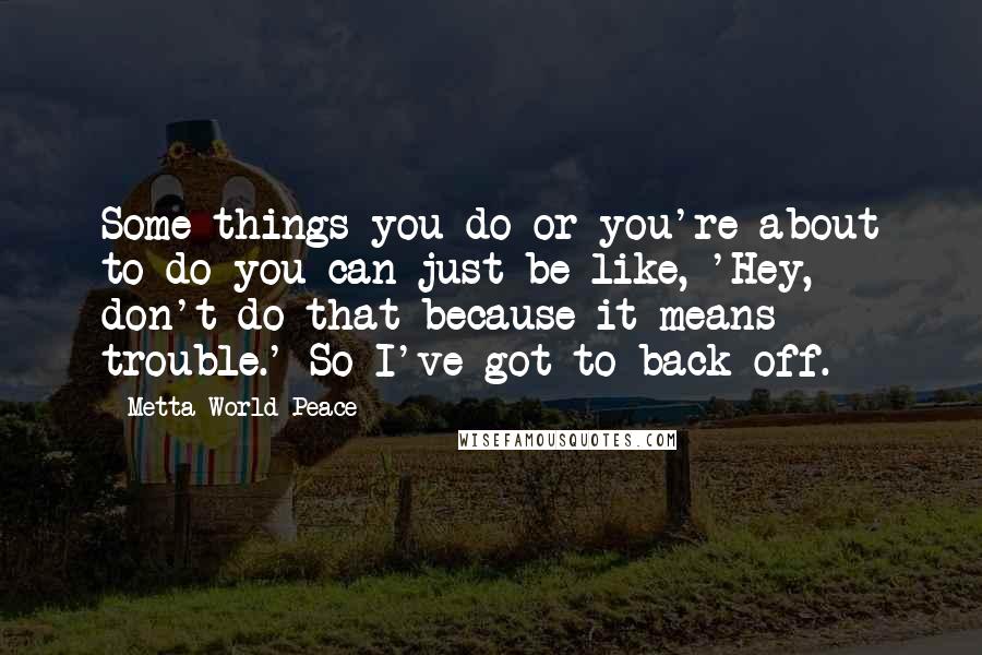 Metta World Peace Quotes: Some things you do-or you're about to do-you can just be like, 'Hey, don't do that because it means trouble.' So I've got to back off.