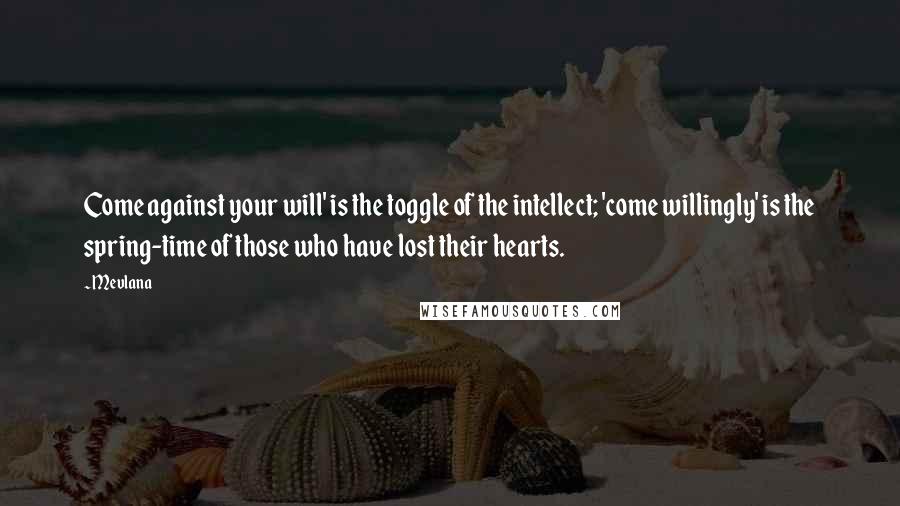 Mevlana Quotes: Come against your will' is the toggle of the intellect; 'come willingly' is the spring-time of those who have lost their hearts.