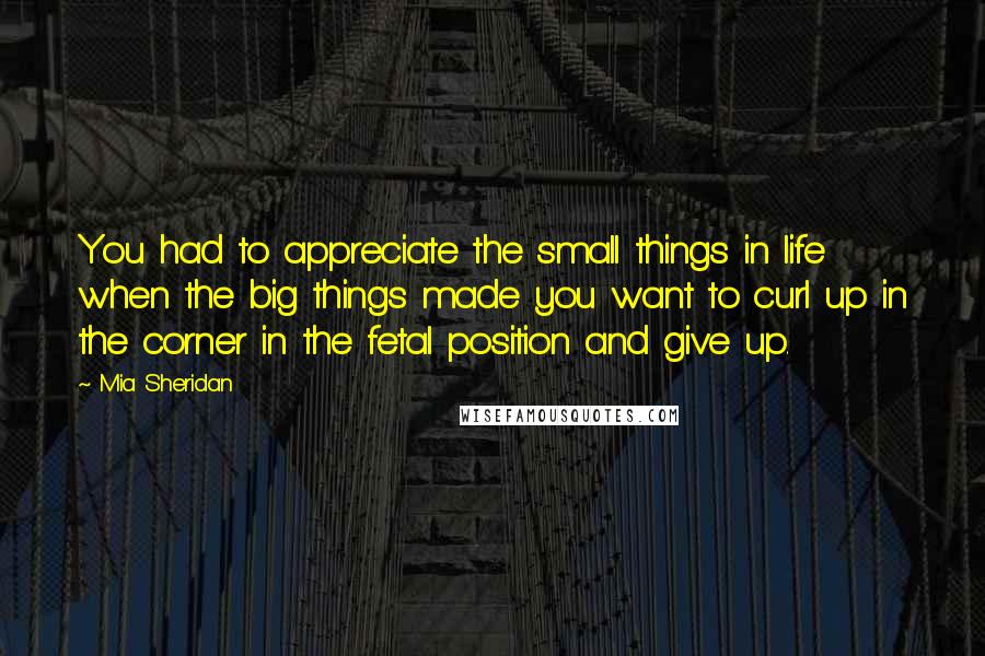 Mia Sheridan Quotes: You had to appreciate the small things in life when the big things made you want to curl up in the corner in the fetal position and give up.