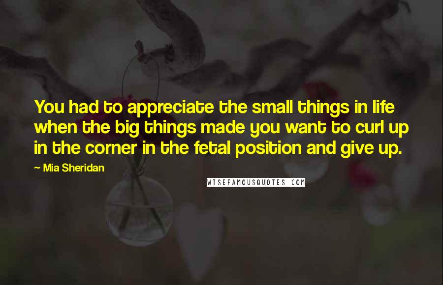 Mia Sheridan Quotes: You had to appreciate the small things in life when the big things made you want to curl up in the corner in the fetal position and give up.