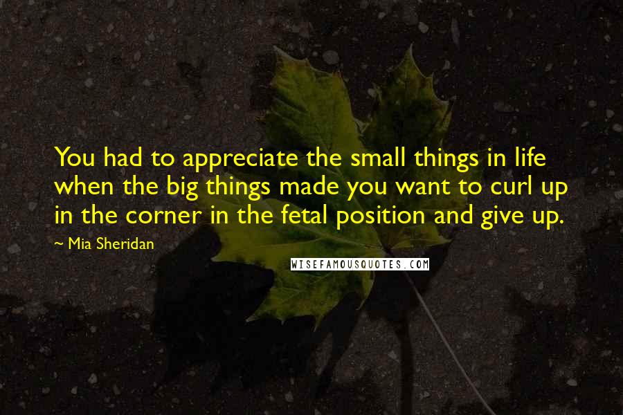 Mia Sheridan Quotes: You had to appreciate the small things in life when the big things made you want to curl up in the corner in the fetal position and give up.