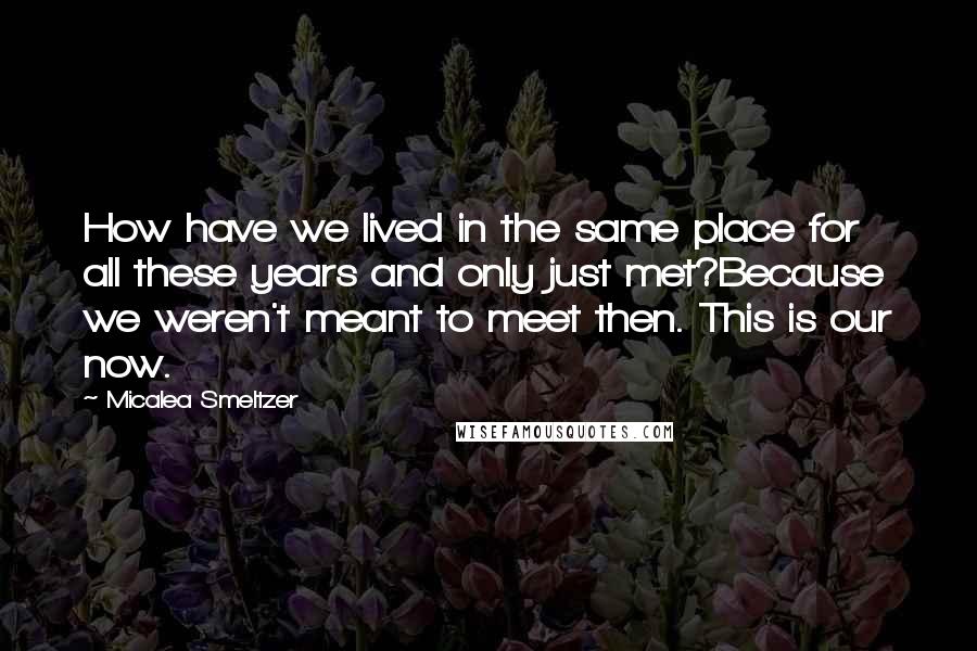 Micalea Smeltzer Quotes: How have we lived in the same place for all these years and only just met?Because we weren't meant to meet then. This is our now.