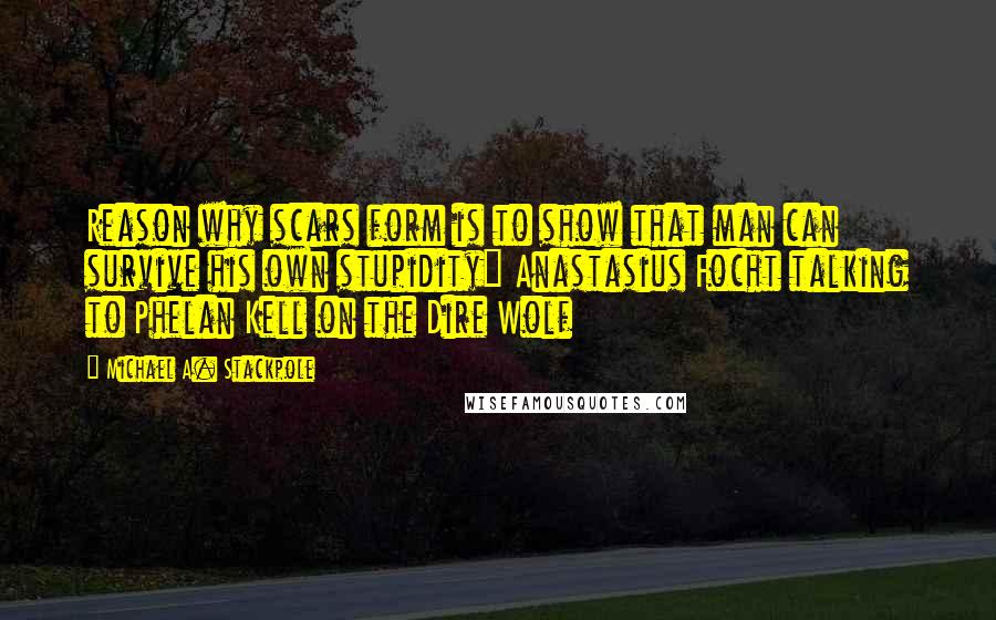 Michael A. Stackpole Quotes: Reason why scars form is to show that man can survive his own stupidity" Anastasius Focht talking to Phelan Kell on the Dire Wolf