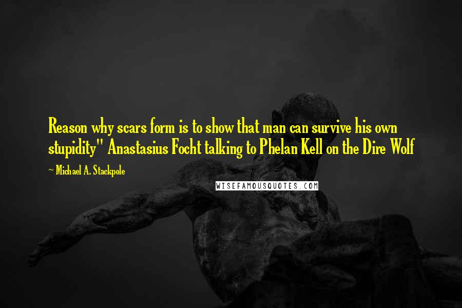 Michael A. Stackpole Quotes: Reason why scars form is to show that man can survive his own stupidity" Anastasius Focht talking to Phelan Kell on the Dire Wolf