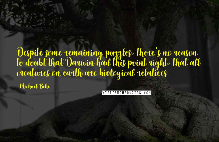 Michael Behe Quotes: Despite some remaining puzzles, there's no reason to doubt that Darwin had this point right, that all creatures on earth are biological relatives