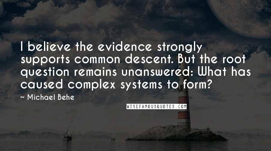 Michael Behe Quotes: I believe the evidence strongly supports common descent. But the root question remains unanswered: What has caused complex systems to form?