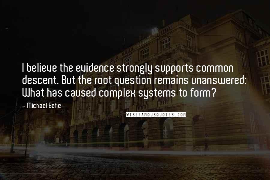 Michael Behe Quotes: I believe the evidence strongly supports common descent. But the root question remains unanswered: What has caused complex systems to form?