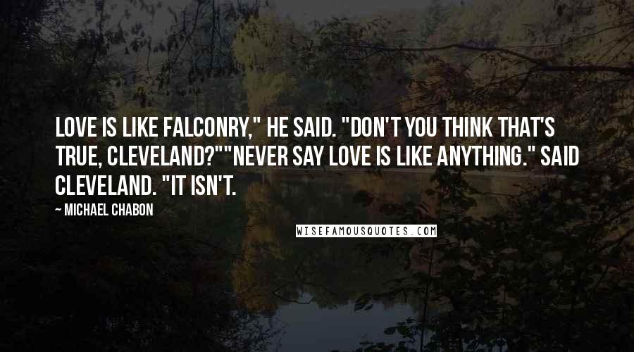 Michael Chabon Quotes: Love is like falconry," he said. "Don't you think that's true, Cleveland?""Never say love is like anything." said Cleveland. "It isn't.