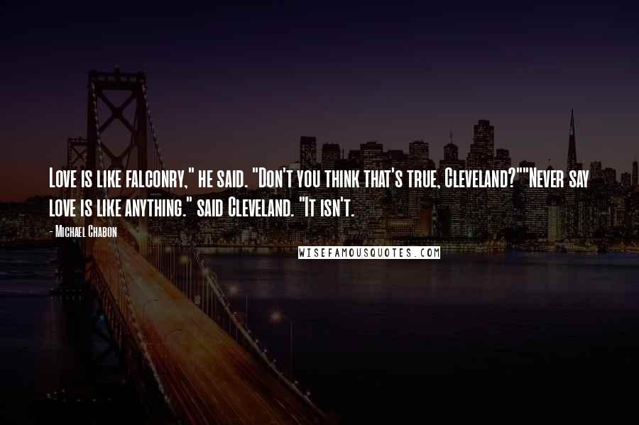 Michael Chabon Quotes: Love is like falconry," he said. "Don't you think that's true, Cleveland?""Never say love is like anything." said Cleveland. "It isn't.