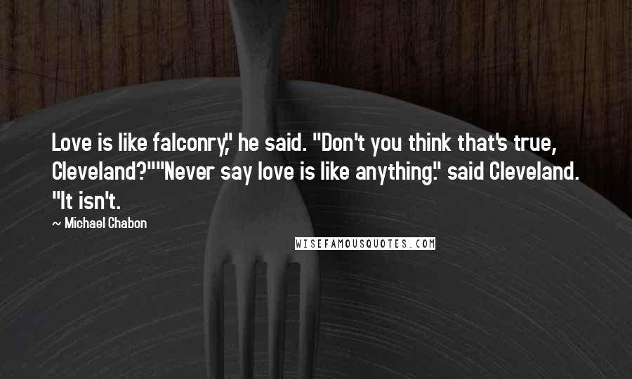 Michael Chabon Quotes: Love is like falconry," he said. "Don't you think that's true, Cleveland?""Never say love is like anything." said Cleveland. "It isn't.