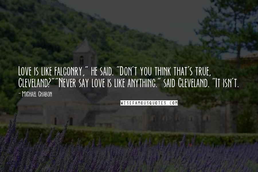 Michael Chabon Quotes: Love is like falconry," he said. "Don't you think that's true, Cleveland?""Never say love is like anything." said Cleveland. "It isn't.