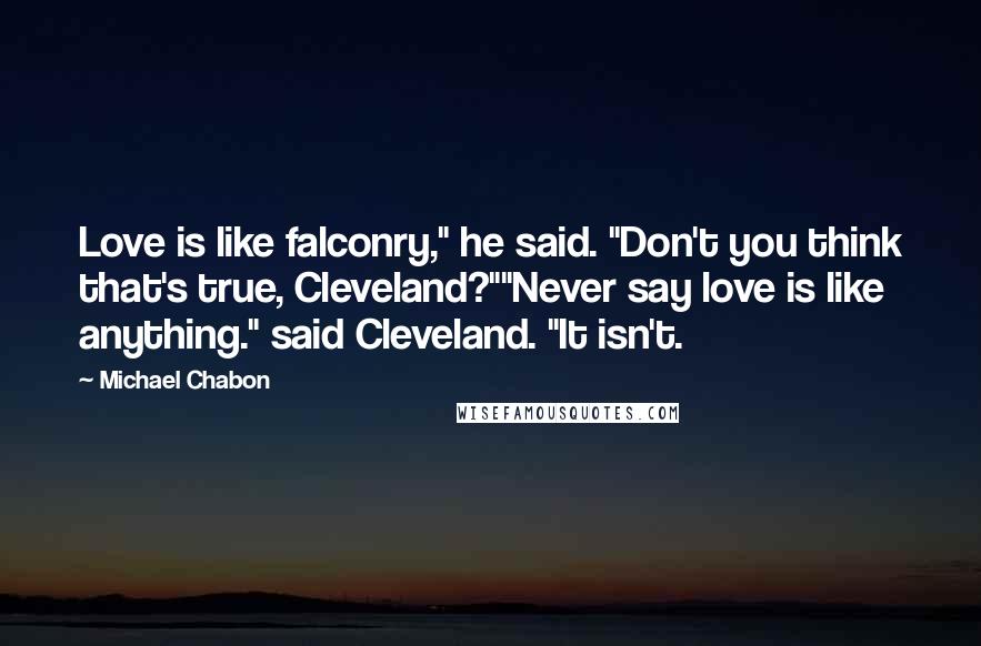 Michael Chabon Quotes: Love is like falconry," he said. "Don't you think that's true, Cleveland?""Never say love is like anything." said Cleveland. "It isn't.