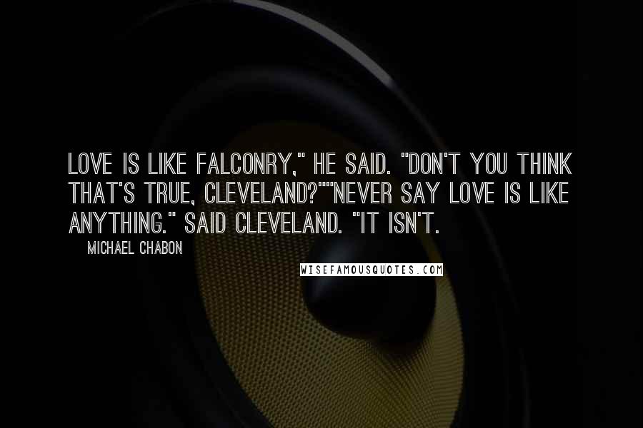 Michael Chabon Quotes: Love is like falconry," he said. "Don't you think that's true, Cleveland?""Never say love is like anything." said Cleveland. "It isn't.