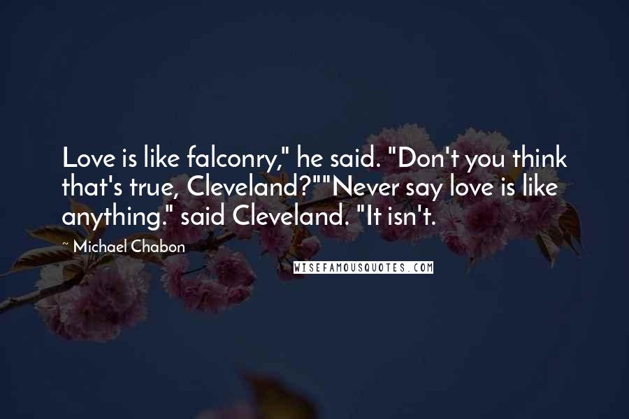 Michael Chabon Quotes: Love is like falconry," he said. "Don't you think that's true, Cleveland?""Never say love is like anything." said Cleveland. "It isn't.