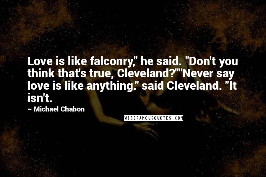 Michael Chabon Quotes: Love is like falconry," he said. "Don't you think that's true, Cleveland?""Never say love is like anything." said Cleveland. "It isn't.