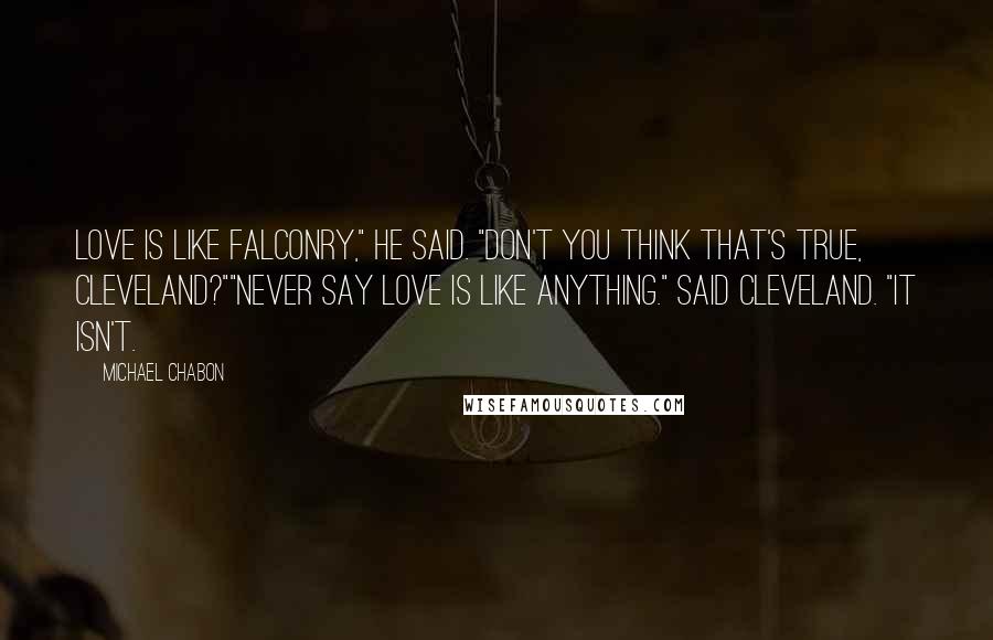 Michael Chabon Quotes: Love is like falconry," he said. "Don't you think that's true, Cleveland?""Never say love is like anything." said Cleveland. "It isn't.