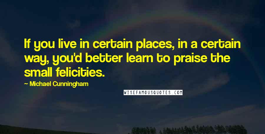 Michael Cunningham Quotes: If you live in certain places, in a certain way, you'd better learn to praise the small felicities.