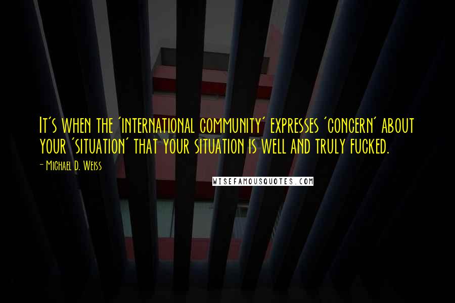 Michael D. Weiss Quotes: It's when the 'international community' expresses 'concern' about your 'situation' that your situation is well and truly fucked.