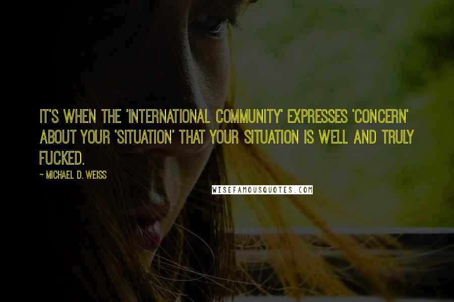 Michael D. Weiss Quotes: It's when the 'international community' expresses 'concern' about your 'situation' that your situation is well and truly fucked.